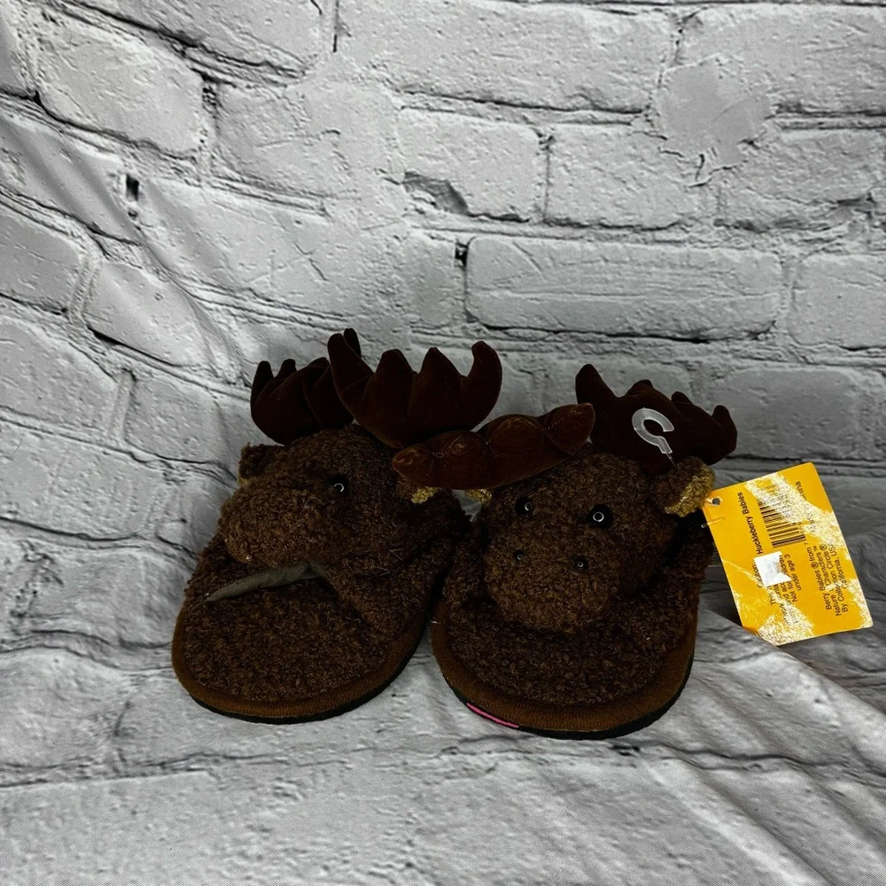 5/$20 Berry Babies Little Kids Brown‎ Moose Animal Plush House Slippers 13/13.5